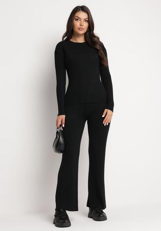 Czarny 2-Częściowy Prążkowany Komplet Dzianinowy Sweter z Długim Rękawem i Szerokie Spodnie Sanastte