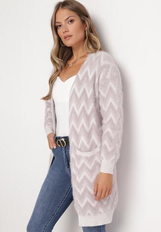 Fioletowy Niezapinany Kardigan Przed Kolano w Paski Chevron Afesura