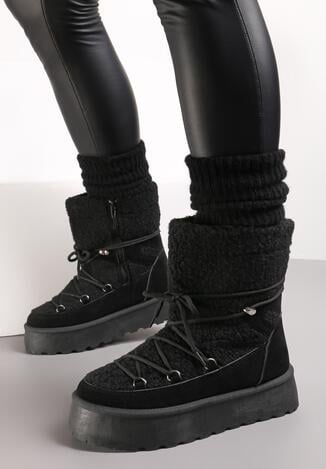 Czarne Śniegowce na Platformie z Futerkiem i Sznurowaniem Fumnanya