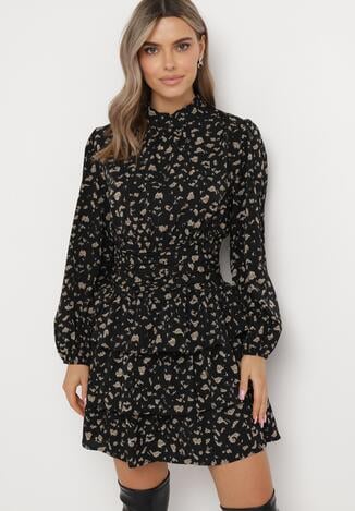 Czarna Rozkloszowana Sukienka Mini w Kwiaty z Falbanką Eibanti