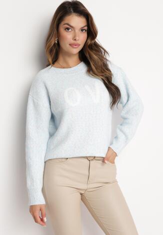 Jasnoniebieski Klasyczny Sweter z Napisem i Ściągaczami Haccate