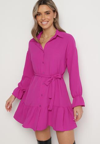 Fuksjowa Koszulowa Sukienka z Wiązanym Paskiem Stevania