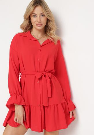 Czerwona Koszulowa Sukienka z Wiązanym Paskiem Stevania