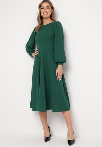 Zielona Rozkloszowana Midi Sukienka z Eleganckimi Luźnymi Rękawami Samriddhi