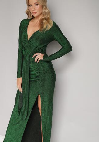 Zielona Sukienka Maxi z Kopertowym Dekoltem i Głębokim Wycięciem oraz Marszczeniami Kleviera