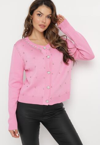 Różowy Wiskozowy Sweter Kardigan z Ozdobnymi Guzikami Cyrkoniami i Metalicznymi Koralikami Leopoldi