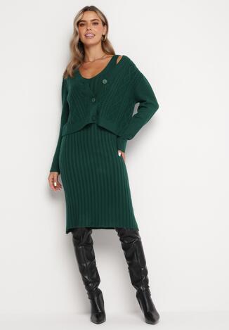 Zielony 2-częściowy Komplet Dzianinowy z Kardiganem i Sukienką Maranasa