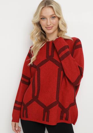 Czerwony Sweter z Geometrycznym Wzorem i Ściągaczami Buvania
