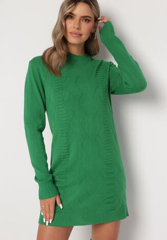 Zielona Dzianinowa Tunika Sweter w Ozdobny Splot z Kaszmirem Melianthe