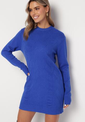 Niebieska Dzianinowa Tunika Sweter w Ozdobny Splot z Kaszmirem Melianthe