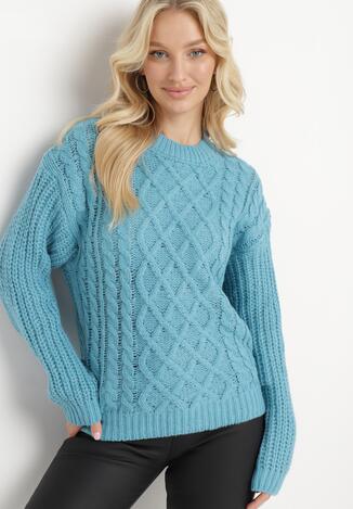 Jasnoniebieski Sweter z Kaszmirem i Warkoczowym Splotem Junivesa