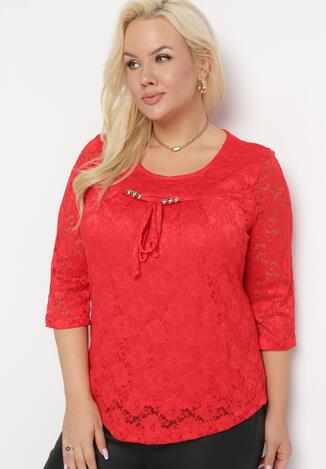 Czerwona Bluzka z Koronkowej Tkaniny z Ozdobnymi Koralikami Anare
