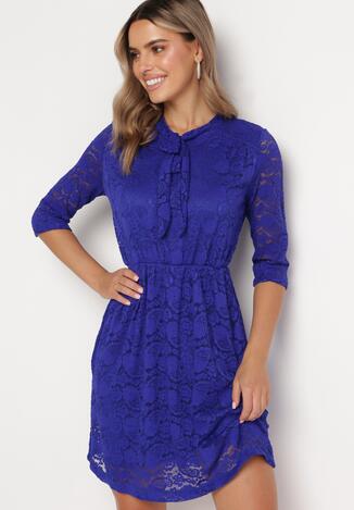 Granatowa Koronkowa Sukienka Mini z Gumką w Pasie Eloriinya