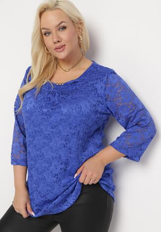 Niebieska Koronkowa Bluzka z Koralikami Przy Dekolcie Santhia