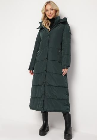 Ciemnozielona Długa Kurtka Płaszcz Pikowana z Kapturem Bellique