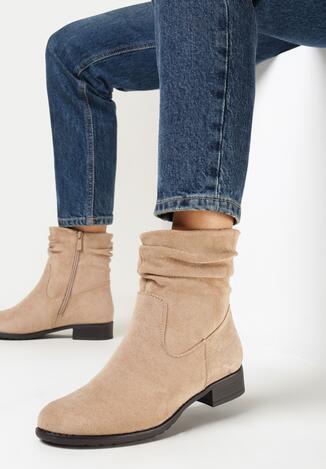 Ciemnobeżowe Botki z Marszczoną Cholewką Debbessa