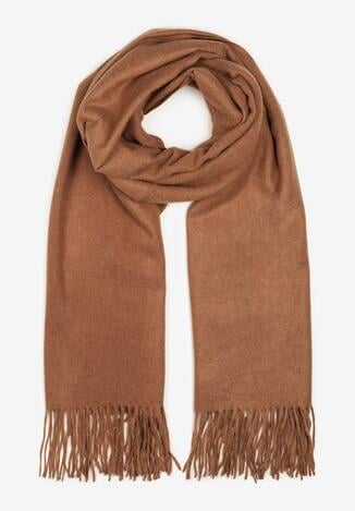 Brązowy Szalik z Tkaniny Wykończony Frędzlami Teofilla