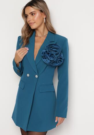 Niebieska Sukienka Mini Marynarka z Kopertowym Dekoltem i Ozdobnym Kwiatem Celestara