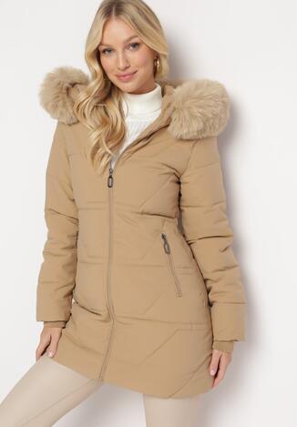 Ciemnobeżowa Kurtka w Geometryczne Pikowanie z Kapturem i Futerkiem Bellinae