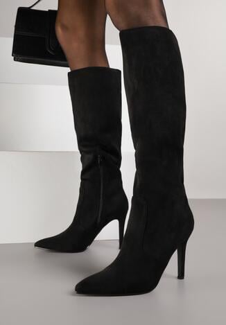 Czarne Kozaki na Szpilce ze Szpiczastym Noskiem Velvita