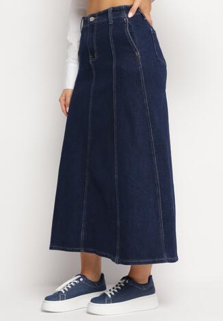 Granatowa Trapezowa Jeansowa Spódnica Maxi z Przeszyciami Serinal