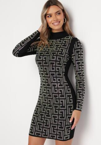 Czarna Sukienka Mini z Geometrycznym Wzorem z Cekinami Acatina