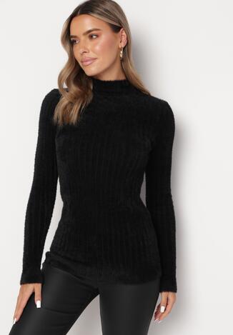 Czarny Wełniany Sweter Prążkowany z Długim Włosiem Aryndra