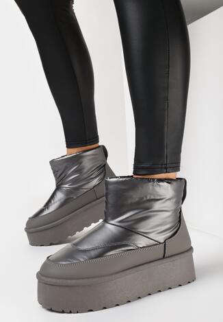 Szare Śniegowce na Platformie z Imitacji Skóry Ocieplane Futerkiem Sognota