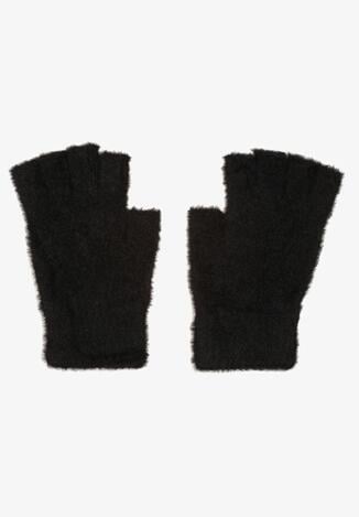 Czarne Rękawiczki Bez Palców z Dzianiny o Długim Włosiu Iraline