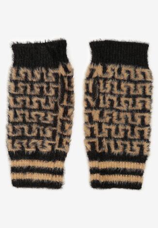 Czarno-Beżowe Rękawiczki z Wełną z Odkrytymi Palcami i Mozaikowym Wzorem Sosline