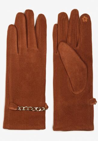 Brązowe Ocieplane Rękawiczki z Łańcuszkiem Basora