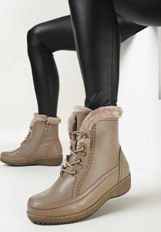Ciemnobeżowe Botki za Kostkę z Sznurowaniem Darinthia