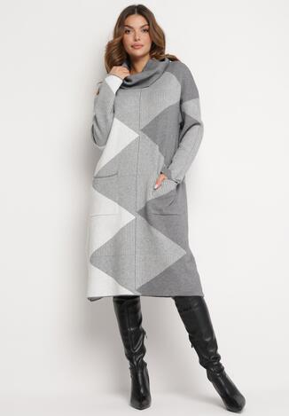Szara Sweterkowa Sukienka Midi o Luźnym Kroju z Golfem i Geometrycznym Wzorem Diverna