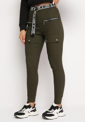 Ciemnozielone Spodnie Gumką w Pasie i Suwakiem Prestoria