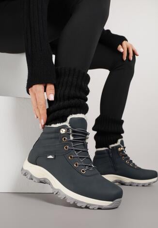 Granatowe Sznurowane Traperki na Płaskiej Podeszwie Wyścielone Futerkiem Magsira