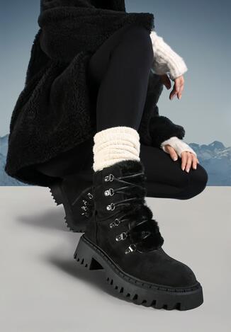 Czarne Sznurowane Traperki z Ekozamszu z Futerkiem na Języku Mestiara