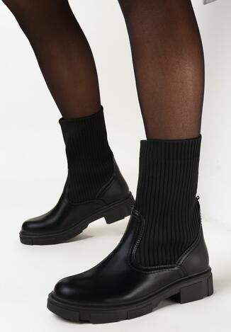 Czarne Botki ze Skarpetkową Cholewką i Łańcuchami Delirra