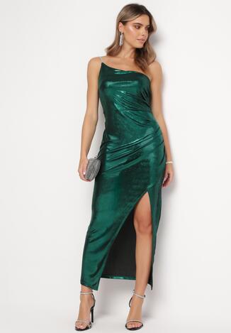 Ciemnozielona Asymetryczna Sukienka Maxi z Metalicznym Połyskiem i Marszczeniami Osima