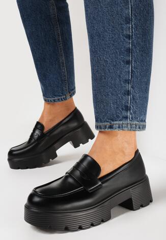 Czarne Mokasyny z Imitacji Skóry na Niskiej Platformie z  Jerila