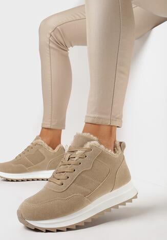 Beżowe Sznurowane Sneakersy na Grubej Podeszwie z Wycięciami Ozdobione Przeszyciami Sawarra
