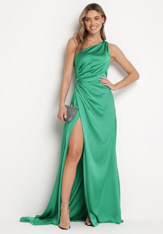 Zielona Asymetryczna Sukienka na Jedno Ramię z Kopertowym Dołem Emmellis