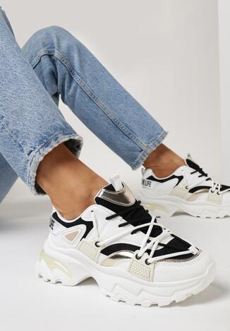 Biało-Czarne Sznurowane Sneakersy na Grubej Podeszwie z Siateczką Pebblesa