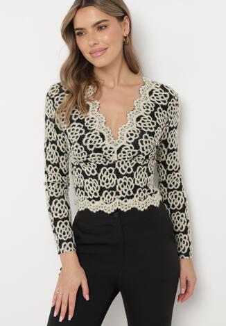 Czarno-Beżowa Bluzka z Kopertowym Dekoltem i Tłoczeniem Iveline