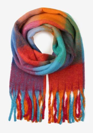 Fioletowo-Czerwony Ciepły Szalik w Kolorową Kratę z Frędzlami Elinaro