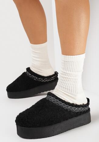 Czarne Wsuwane Kapcie na Platformie z Ozdobnym Haftem Olisia