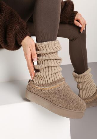 Ciemnobeżowe Wsuwane Kapcie na Platformie z Ozdobnym Haftem Olisia