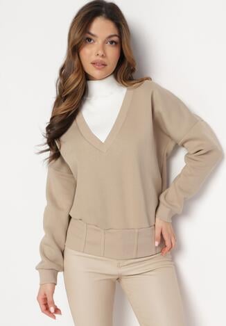 Beżowa Bawełniana Bluza z Dekoltem w Serek Gitra