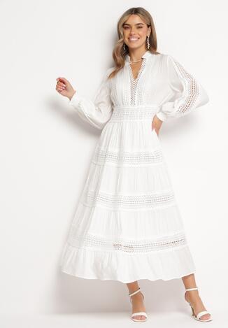 Biała Rozkloszowana Sukienka Maxi z Gumką w Talii i Ażurowym Zdobieniem Binaella