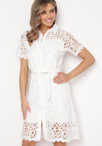 Biała Ażurowa Sukienka Koszulowa Midi z Wiązanym Paskiem Pamy