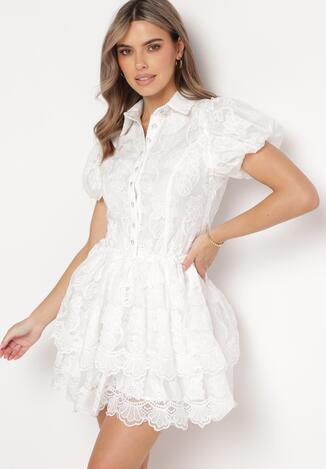 Biała Koronkowa Sukienka Mini w Kwiaty z Bufiastymi Rękawami Cervi